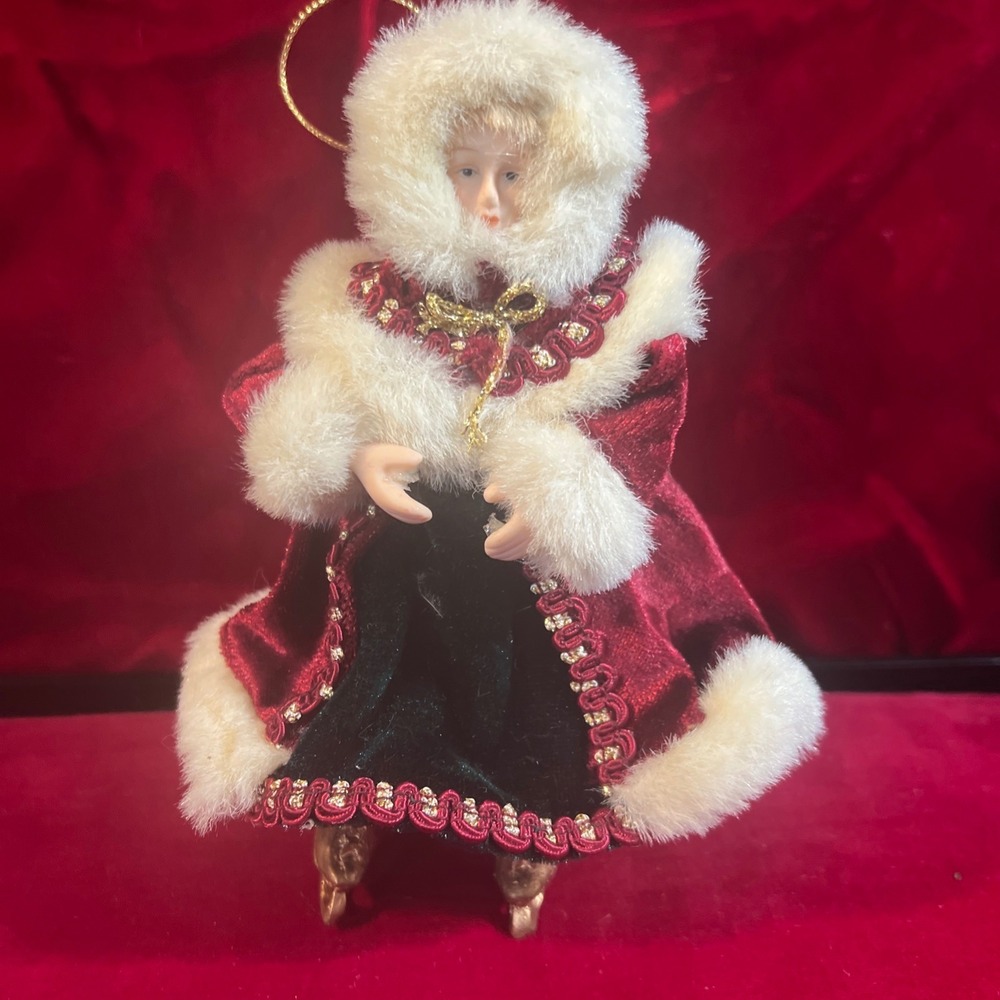 Victorian Ice Skater Christmas Ornament Porcelain Doll Burgundy Velvet Faux Fur